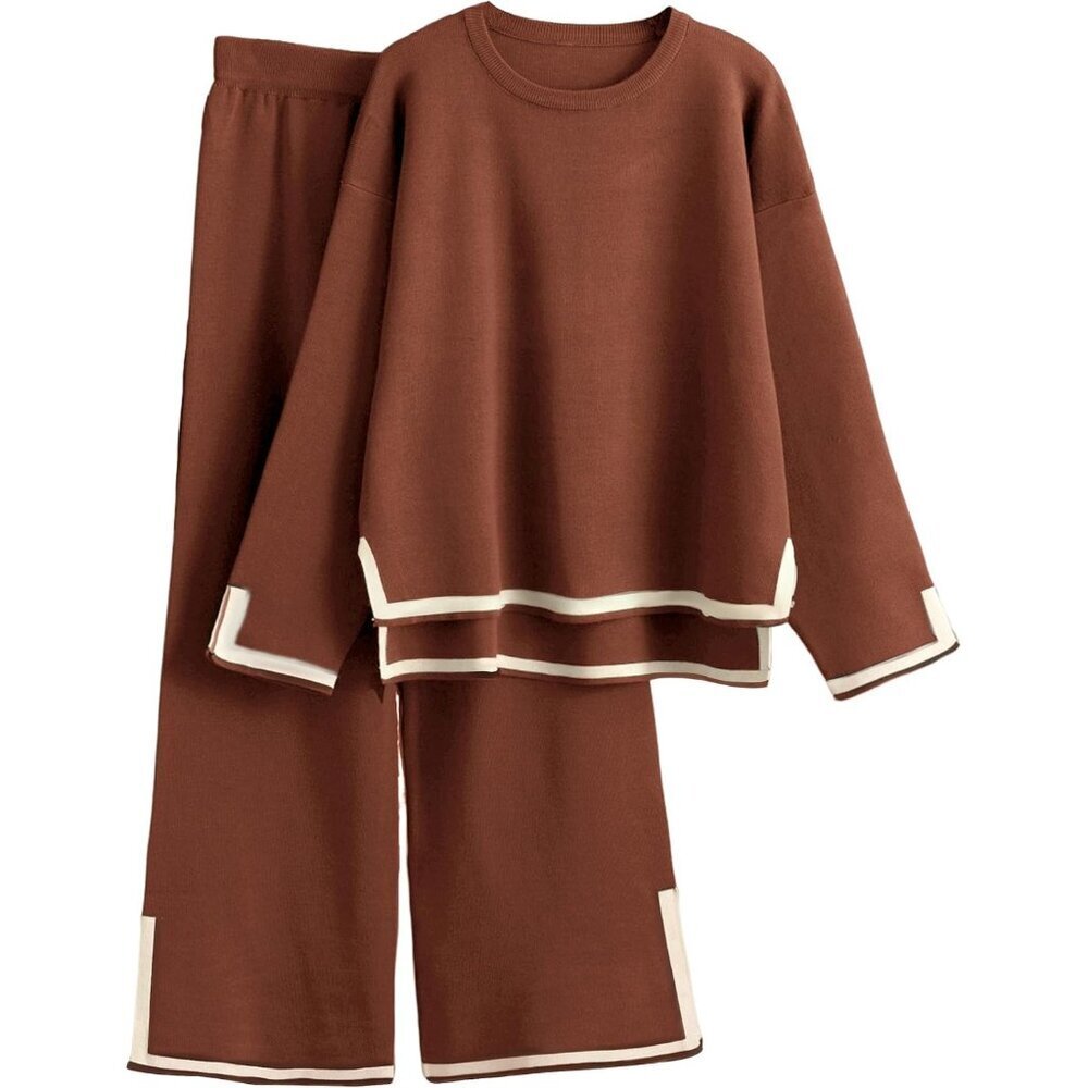 Women's Rust Long Sleeve Knit Sweater Top & Wide Leg Pants Lounge Set